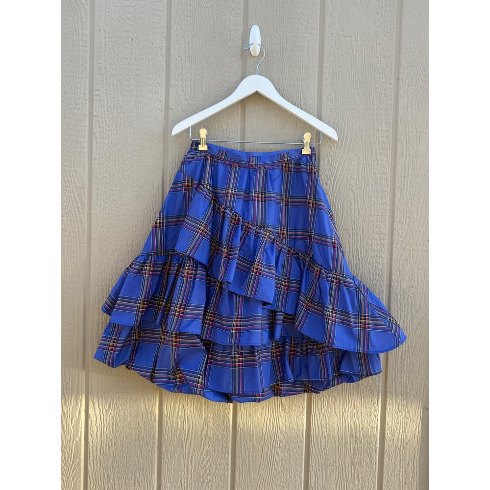 Maeve 8 Skirt Plaid Ruffle Tiered Maximalist High Low Tartan Blue